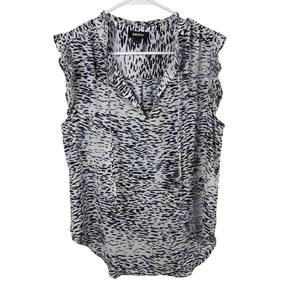 DKNY Blouse Sz M Blue White Abstract Print Ruffle Sleeveless Flowy Lightweight
